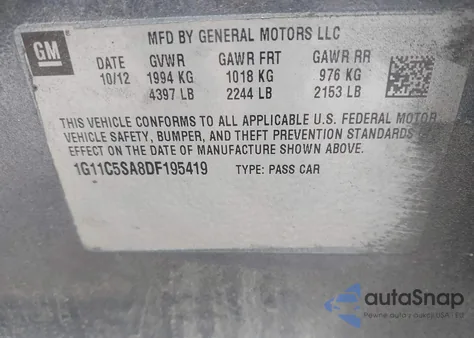 2013 Chevrolet Malibu 1Lt from USA, damaged, VIN 1G11C5SA8DF195419